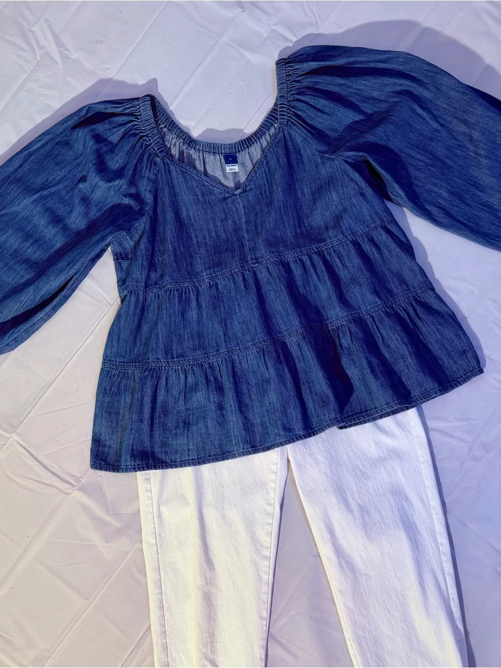 Old Navy Blue Tiered Denim Peasant Blouse